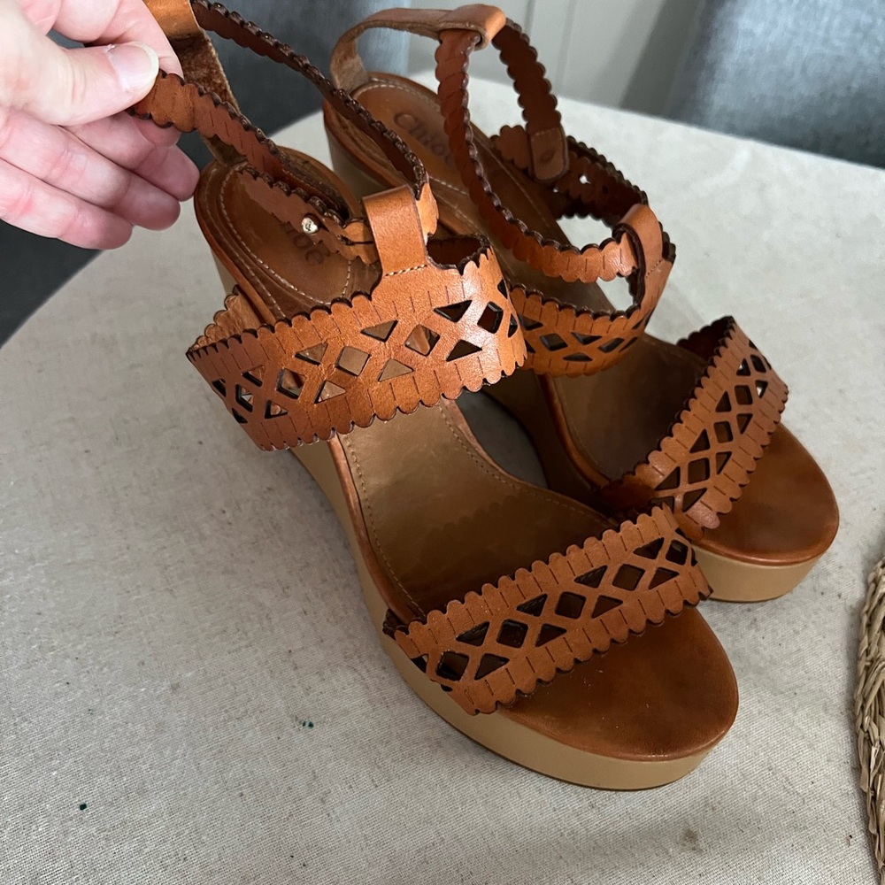 Chloe Laser Cutout Leather Platform Wedge Sandals Size 41/ U.S. 10 Tan